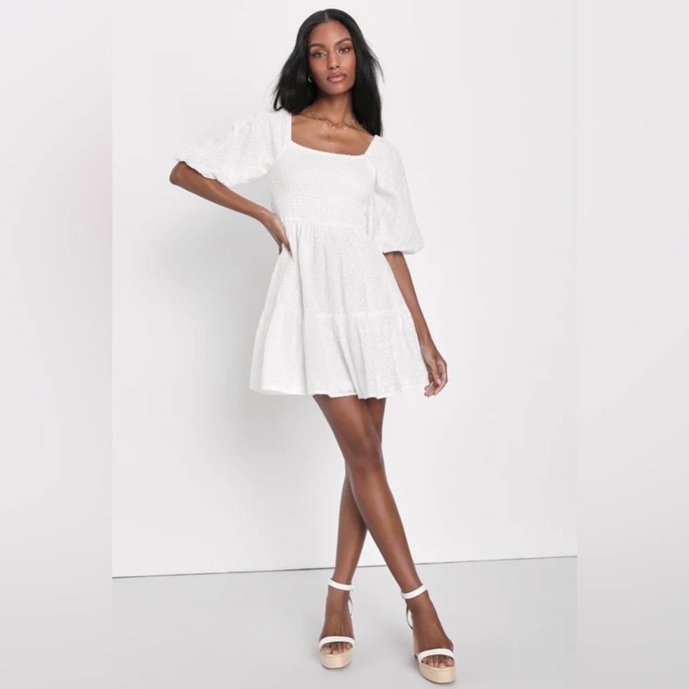Lulus White Eyelet Smocked Dress with Pockets. New with Tags.